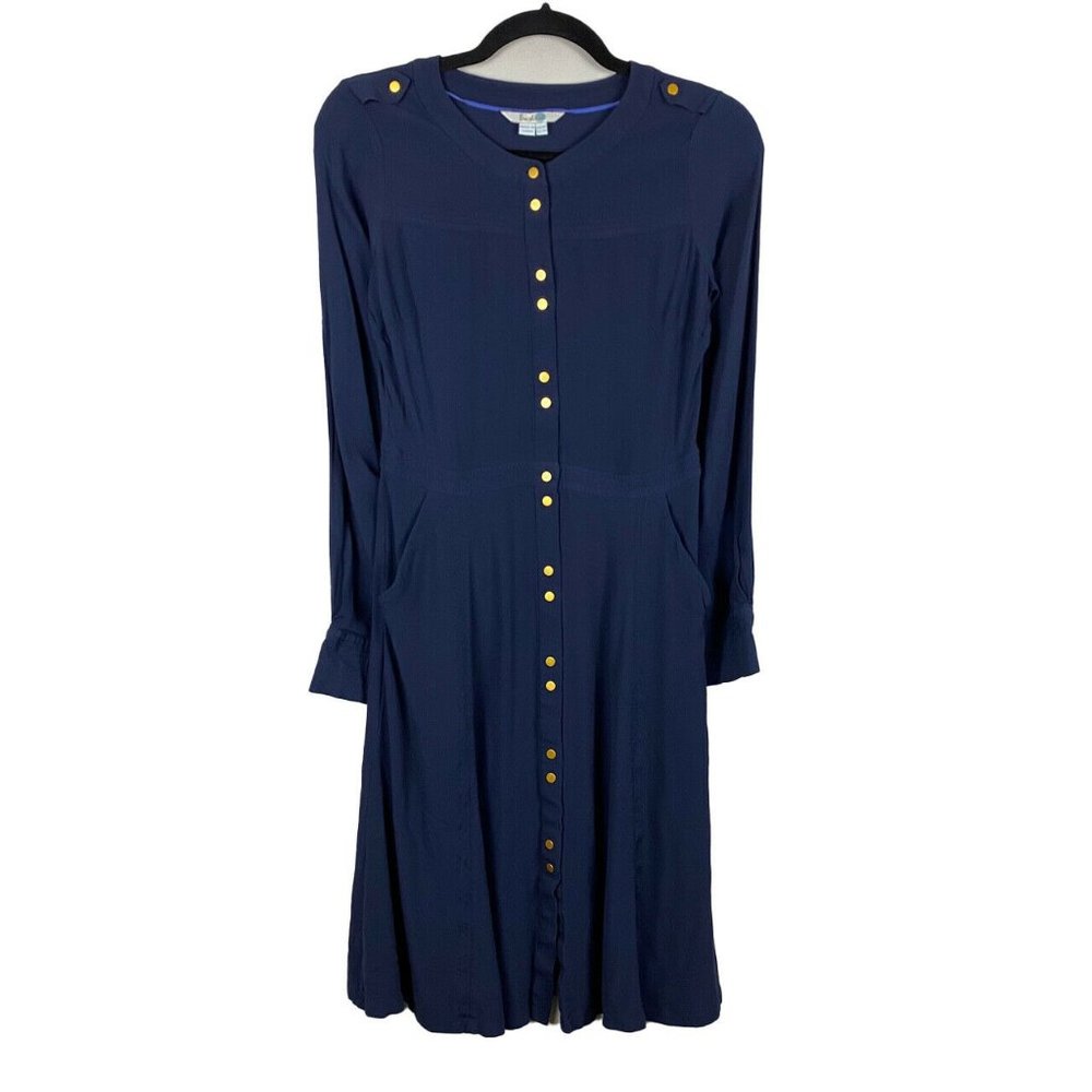 Boden Ashbourne Dress Gold Tone Buttons Pockets Blue Sz US 4 Reg
